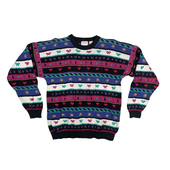 Vintage Ashley Hand Embroidered Crew Neck Sweater Hearts Sun XOXO Bows Design - Picture 1 of 9
